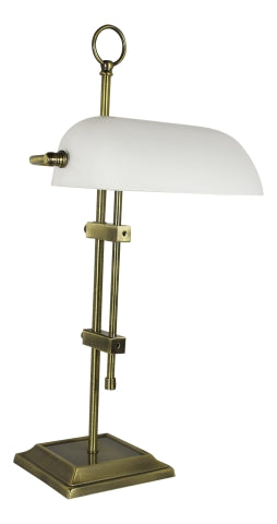 Bankers-Lampe, Eisen vermessingt antik mit Opalglasschirm – elektrisch · SC 1295