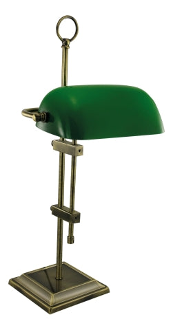 Bankers-Lampe, Eisen vermessingt antik mit grünem Glasschirm – elektrisch · SC 1295G