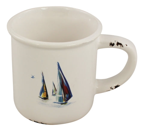 Becher mit Henkel Boote-Design, Steingut lackiert