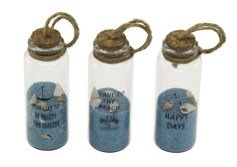 Fläschchen mit blauem Sand und Muscheln, H: 8, Ø 3 cm