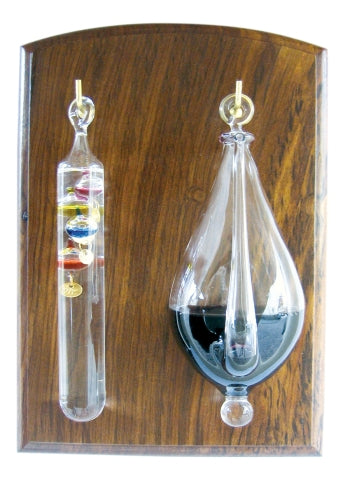Wetterglas mit Gallilei-Thermometer auf Holzbrett, indisches Holz