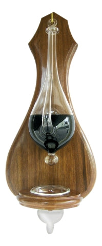 Wetterglas mit Tropfenfänger auf Holzbrett, indisches Holz