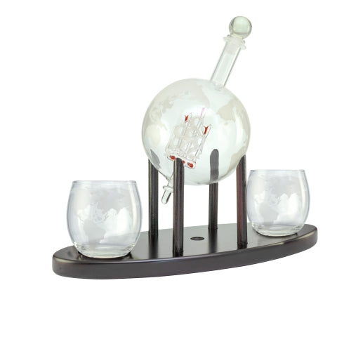 Kolben-Karaffe aus Glas, mit Holzständer & 2 Welt-Gläsern