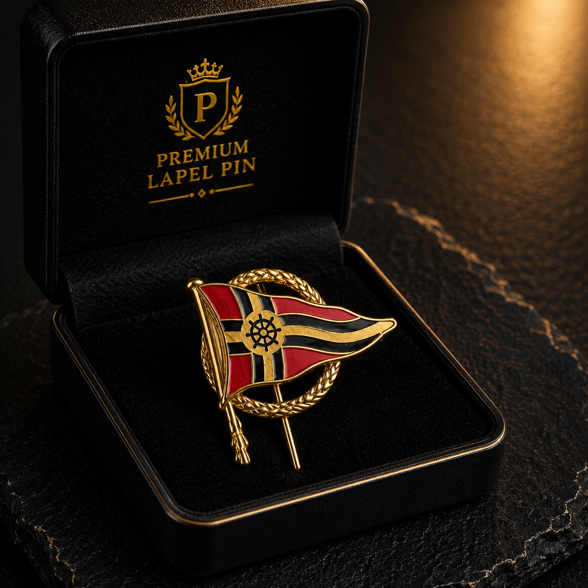 Maritime Vereins-Anstecknadel – Goldfarbener Flaggen-Pin mit Steuerrad-Motiv