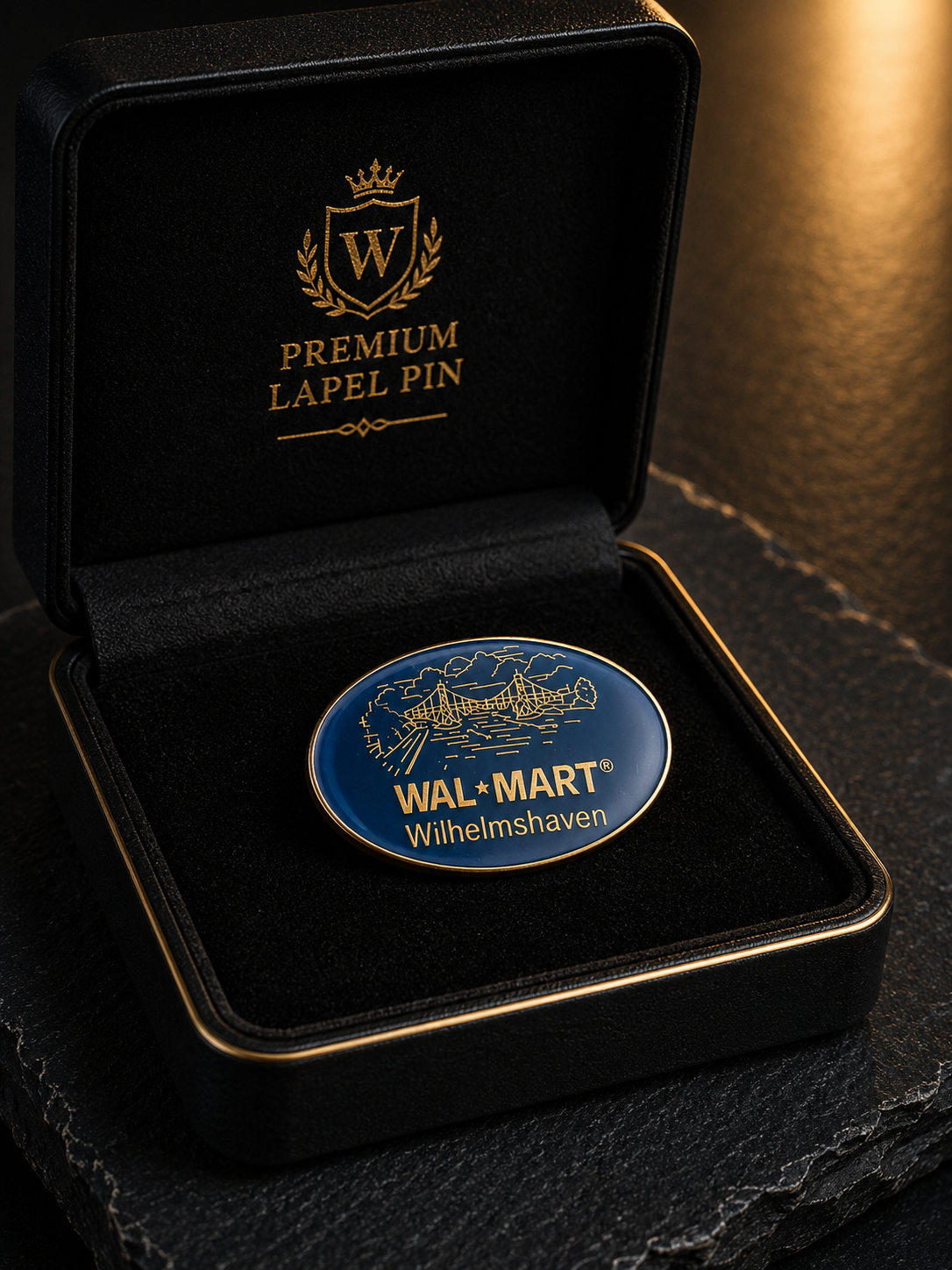 WAL-MART Wilhelmshaven Anstecknadel – Blauer Emaille-Pin mit goldfarbenem Motiv