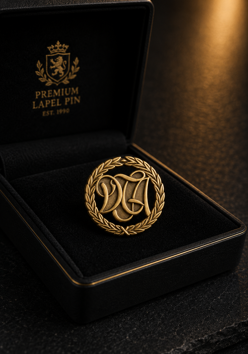 Goldfarbene Anstecknadel mit Monogramm & Lorbeerkranz – Klassischer Vereins-Pin