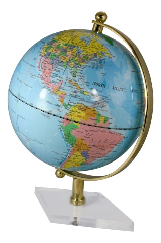 Hellblauer Globus mit Messing auf Acrylsockel – 44 cm