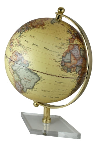 Beigefarbener Globus mit Messing auf Acrylsockel – 44 cm