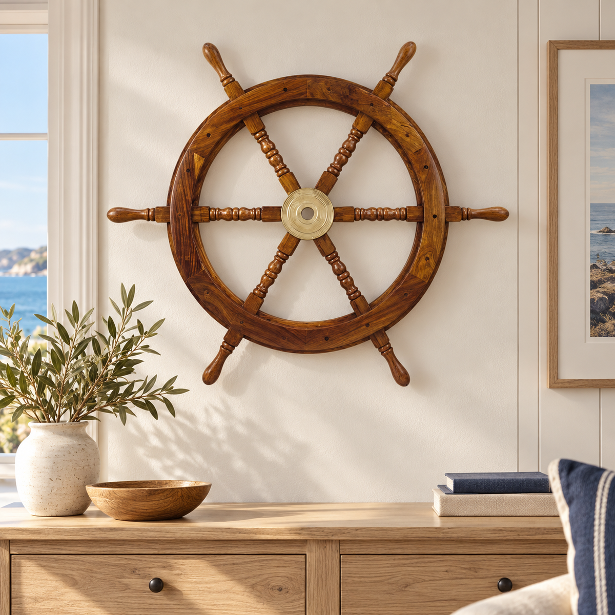 Steuerrad aus Holz mit Messingnabe – Ø 75 cm – maritimes Wohnambiente