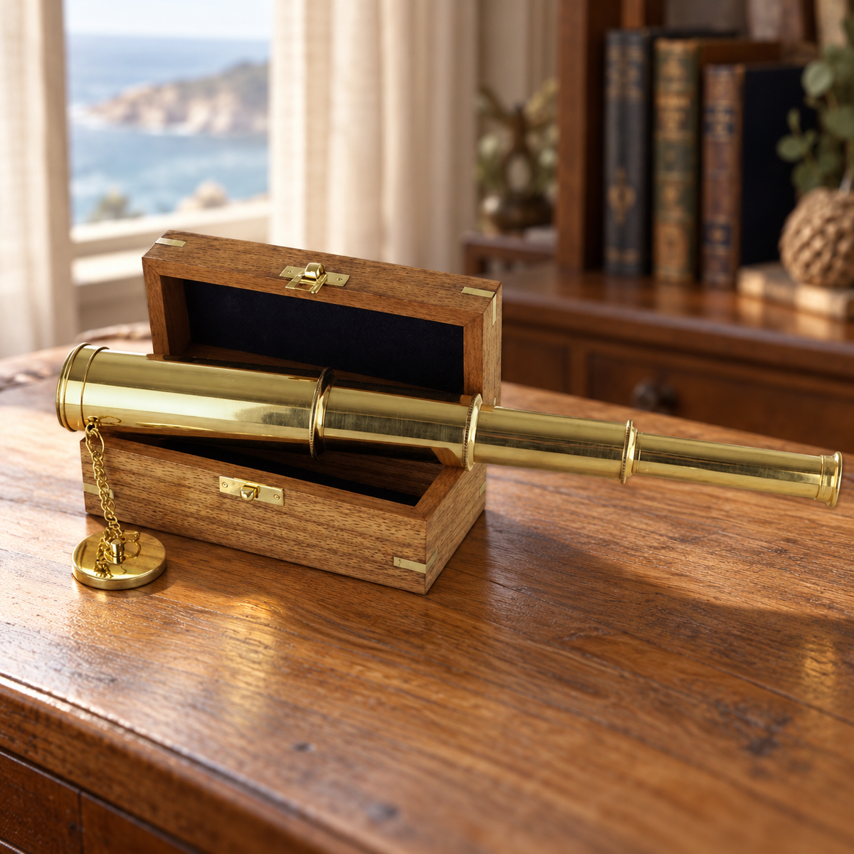 Ausziehbares Messing-Teleskop mit Holzbox – bis 38 cm – KI-gestaltete maritime Wohnraumansicht
