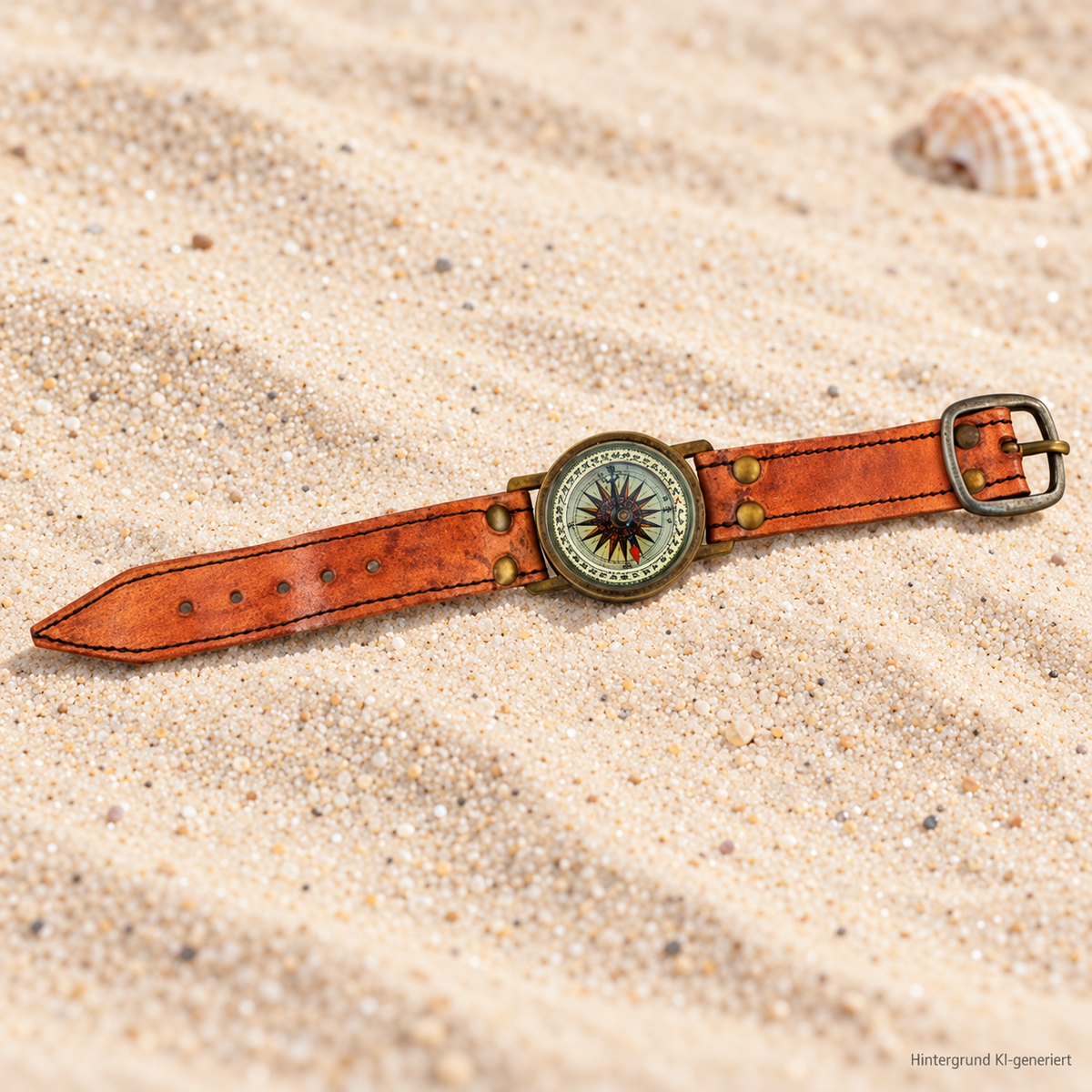 Armband-Kompass mit Leder im Antik-Look, Ø 4,3 cm – Hintergrund KI-generiert