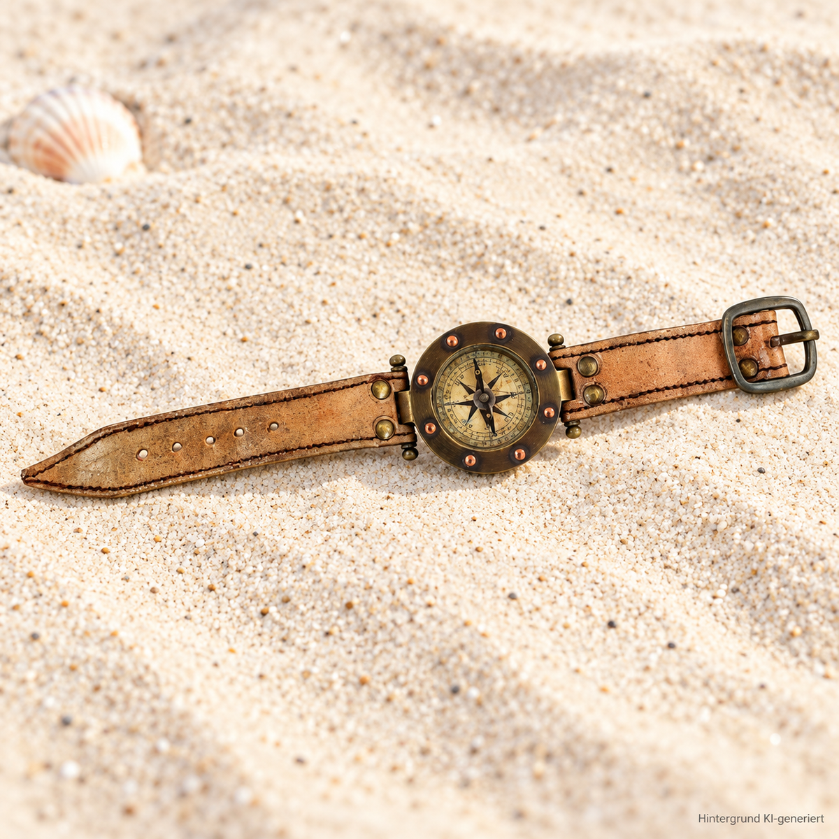 Armband-Kompass mit Leder im Antik-Look, Ø 5,2 cm – Hintergrund KI-generiert