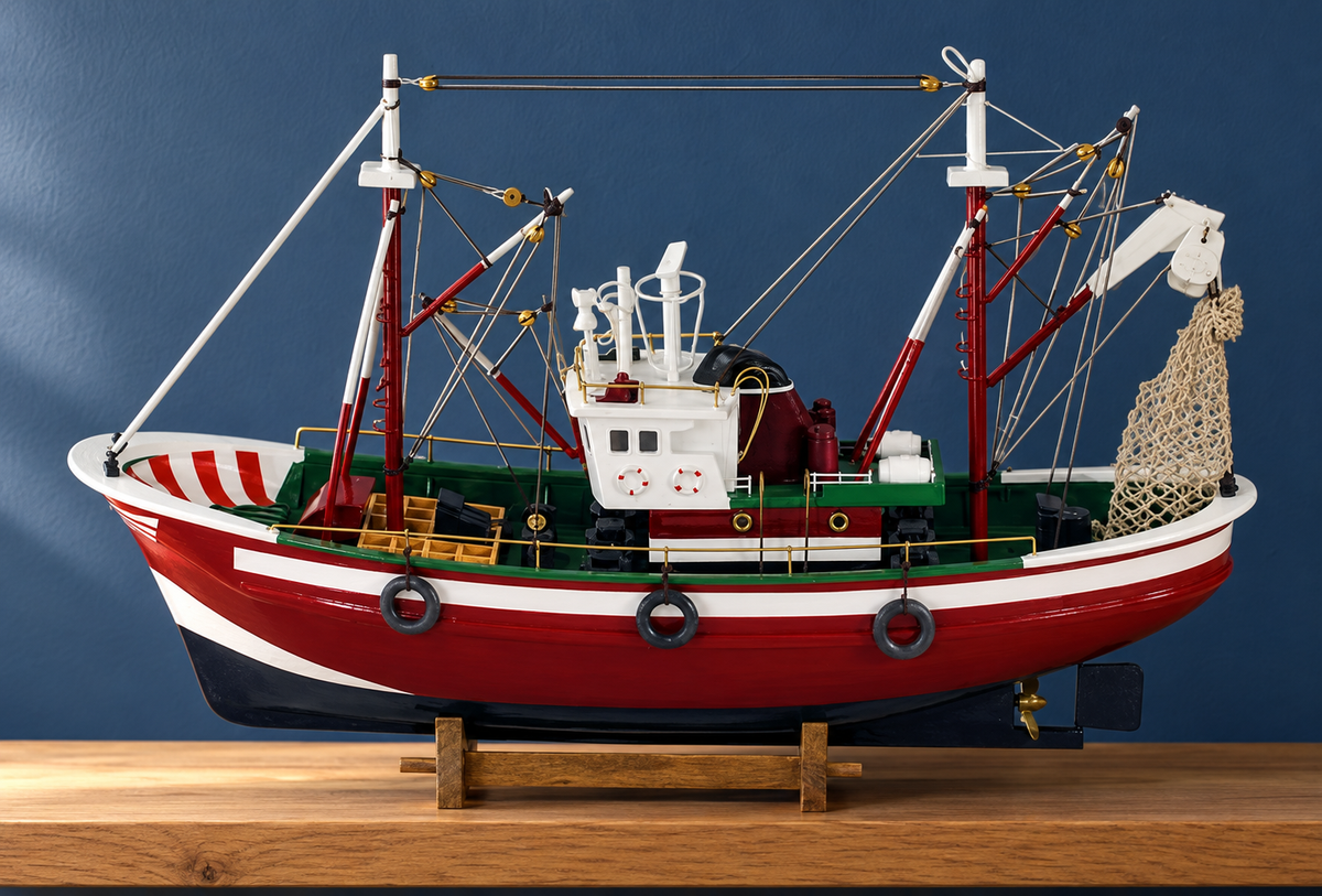 Fischkutter aus Holz in Rot-Weiß – 46 cm – Wohnbeispiel