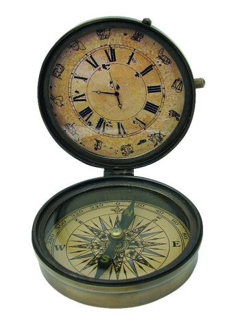 Kompass mit Uhr in Antikmessing – SEA-CLUB 8537