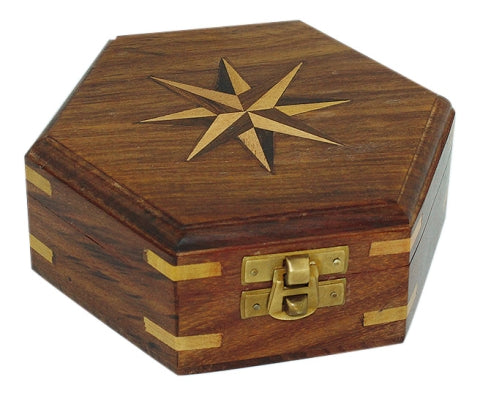 Sechseckige Holzbox mit Windrose, klein – SEA-CLUB 9360