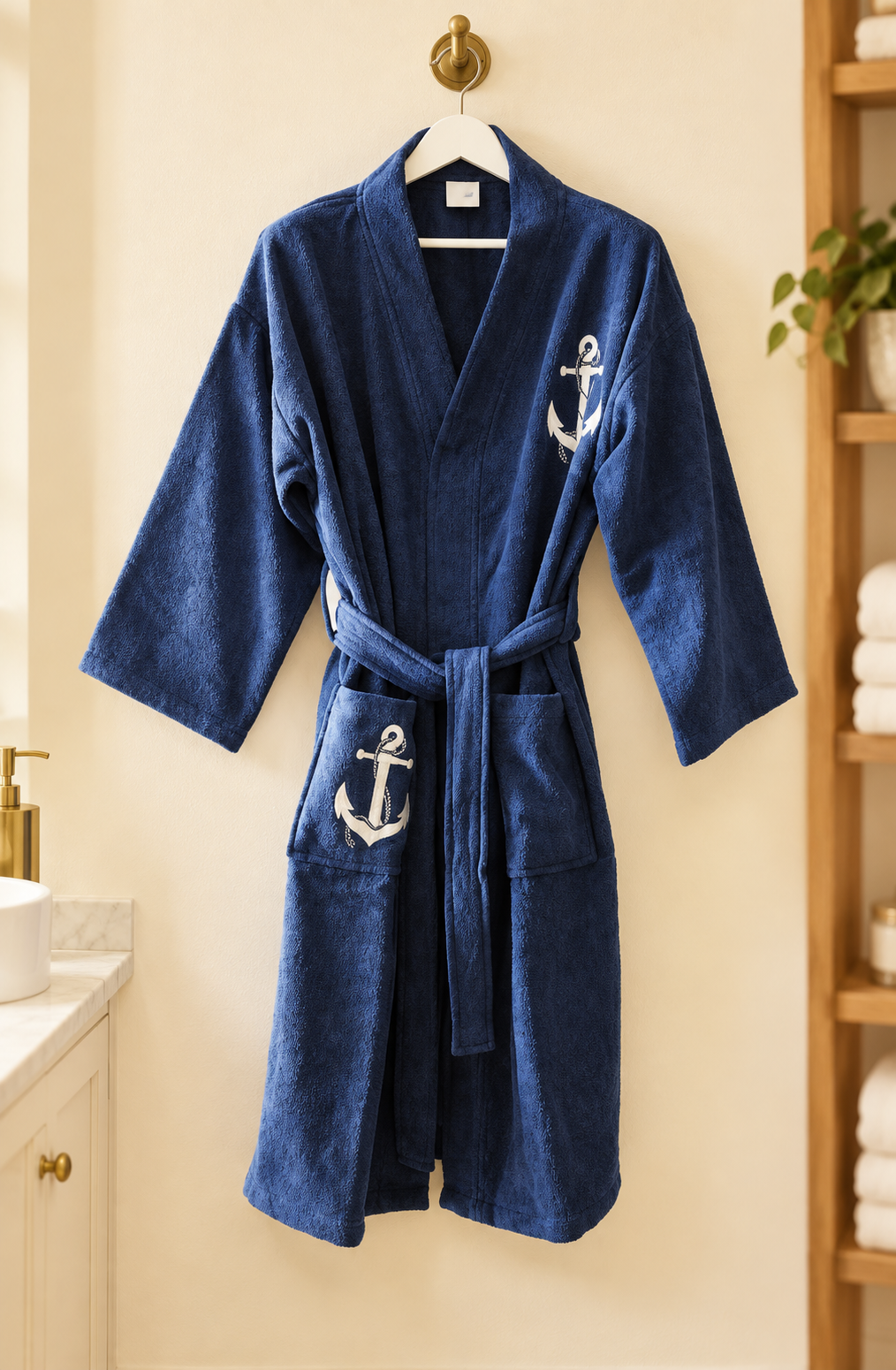 Marineblauer Bademantel mit weißen Ankermotiven, Bindegürtel und Taschen – Wohnbeispiel