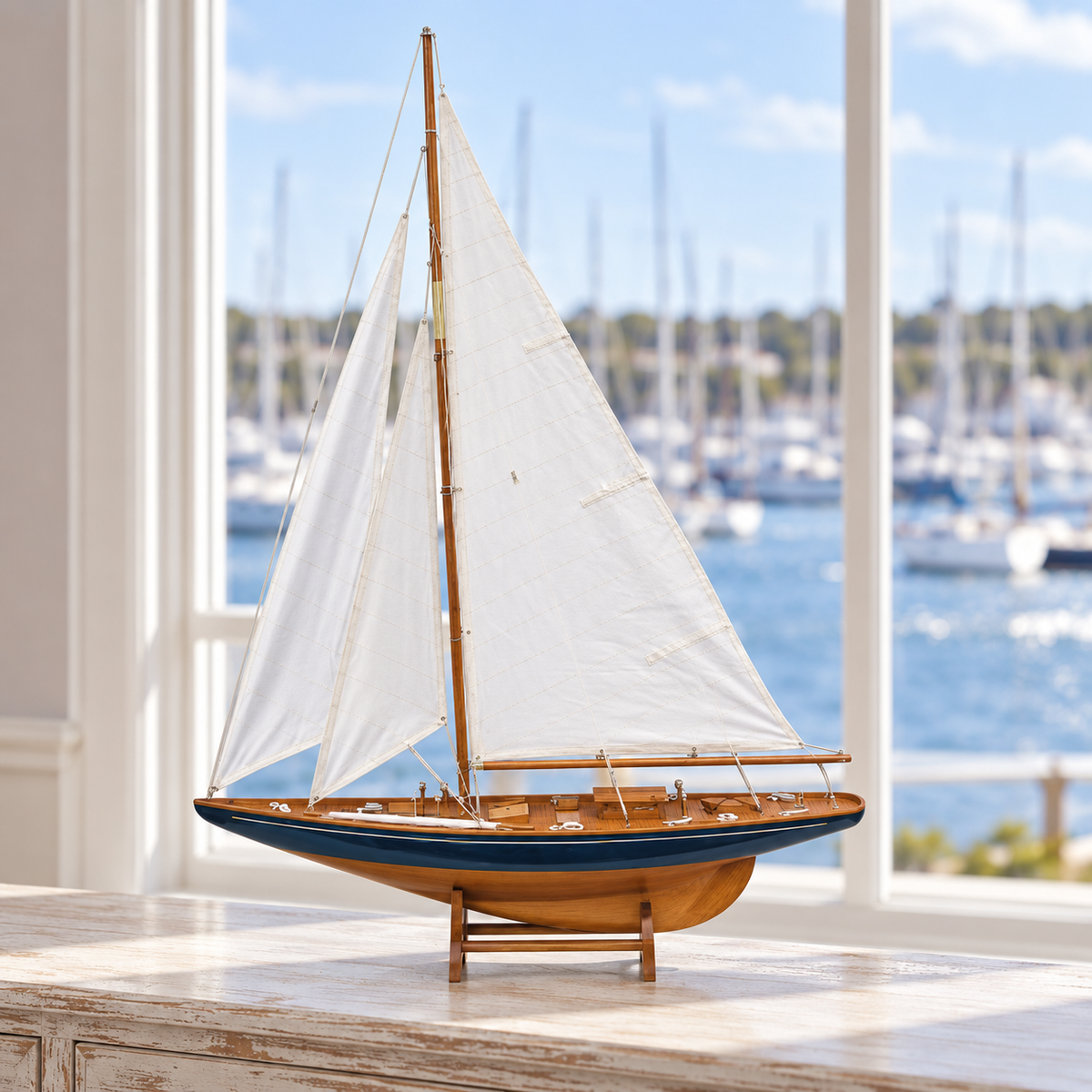 Segelyacht, 75 cm – gestaltete Ansicht vor Hafenhintergrund